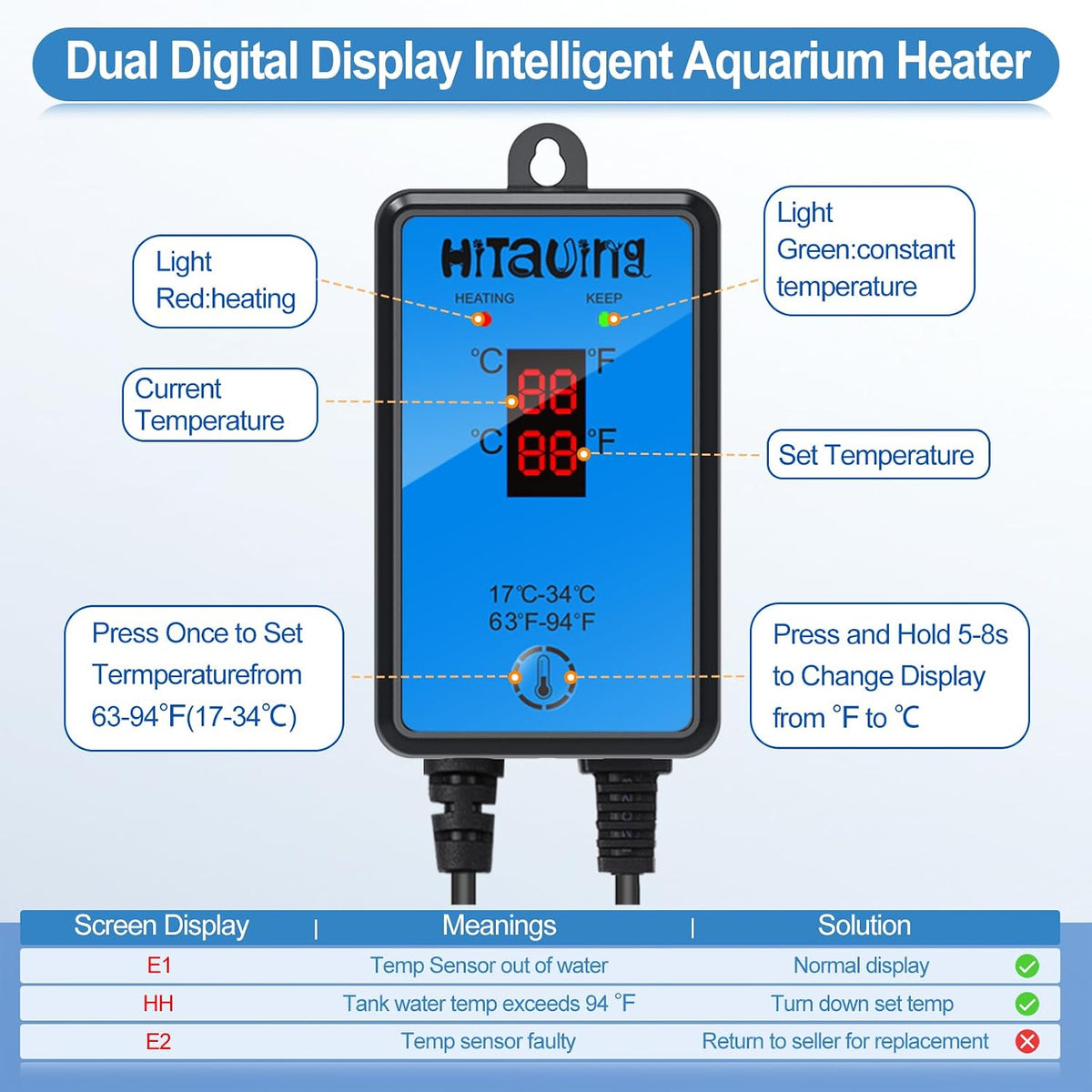 HiTauing Aquarium Heater, Upgraded 300W/500W Fish Tank Heater with Intelligent Leaving Water - 500W for 75-135 Gallon - image 2
