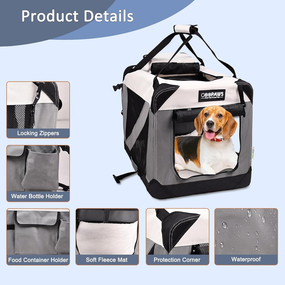 JESPET 3 Door Soft Dog Crates Kennel - 7-Light Grey / Large(30"L x 21"W x 23"H) - image 4