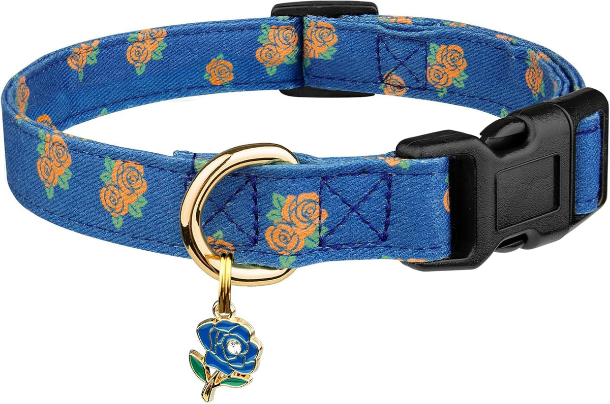 Cotton Dog Collar White and Pink Love Heart with Pendant Cute Dog - Blue Rose / M