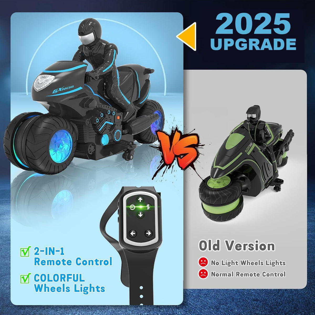 Eulogia remote control motorcycle with glowing RGB wheels, detachable rider and side wheels - view 3