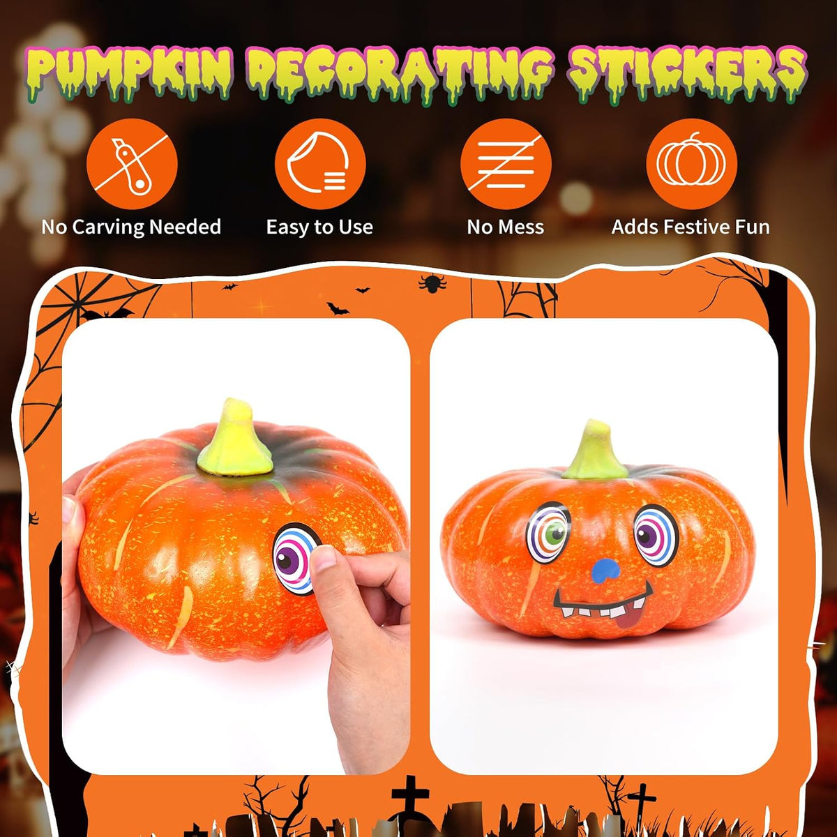 Aowplc Halloween pumpkin face stickers for kids, 32 small faces on vinyl sheets - view 9