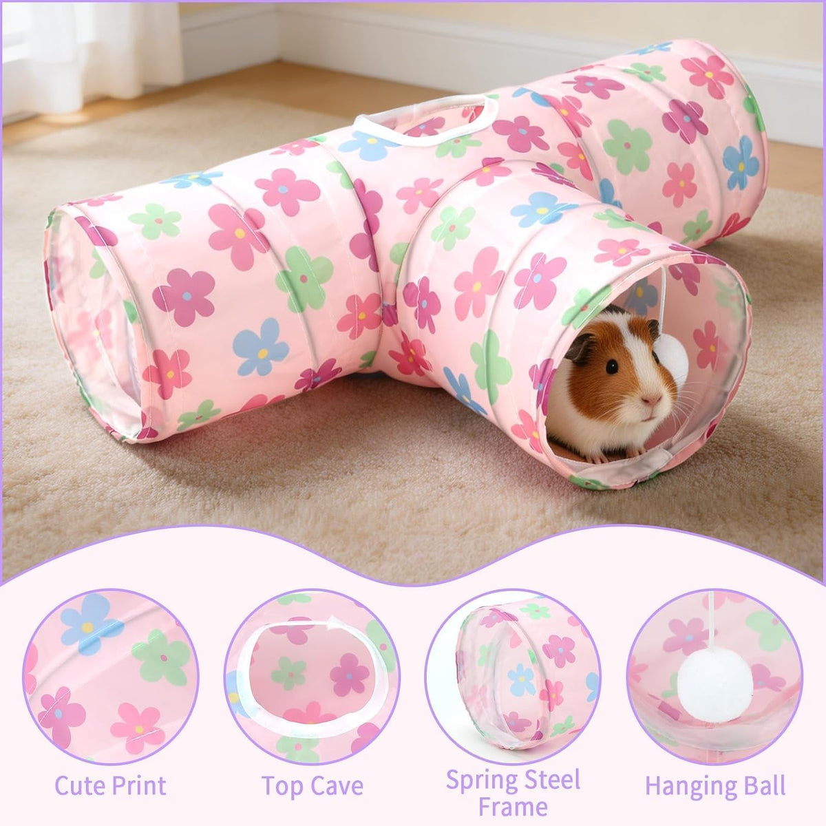 Guinea Pig Tunnel Hideout 3-Way Collapsible Small Pet Tubes - Flower - image 2