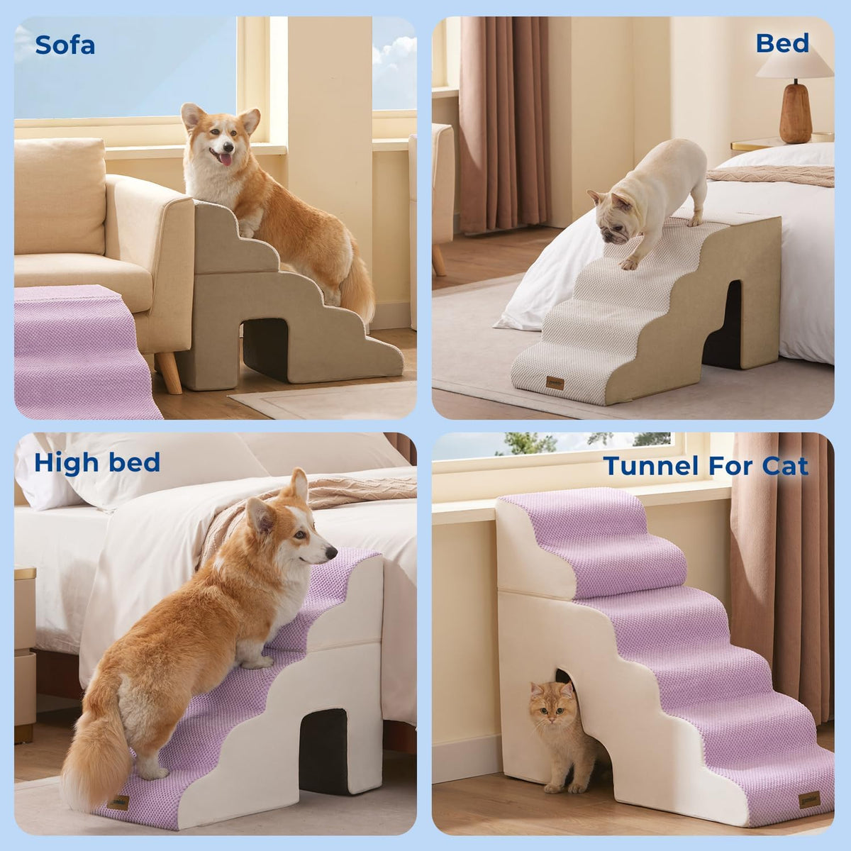 Dog Ramp for Large Dogs with Tunnel, 24" H 5 Steps for High Bed – Essentials for Dogs - 6-Steps Angled / Beige Fleece - image 4