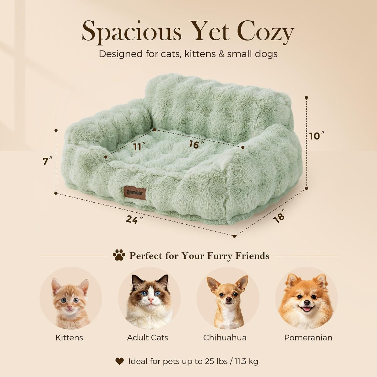 Orthopedic Cat Couch Bed for Indoor Cats - 24.0"L x 18.0"W x 10"Th / Sage Green - image 2