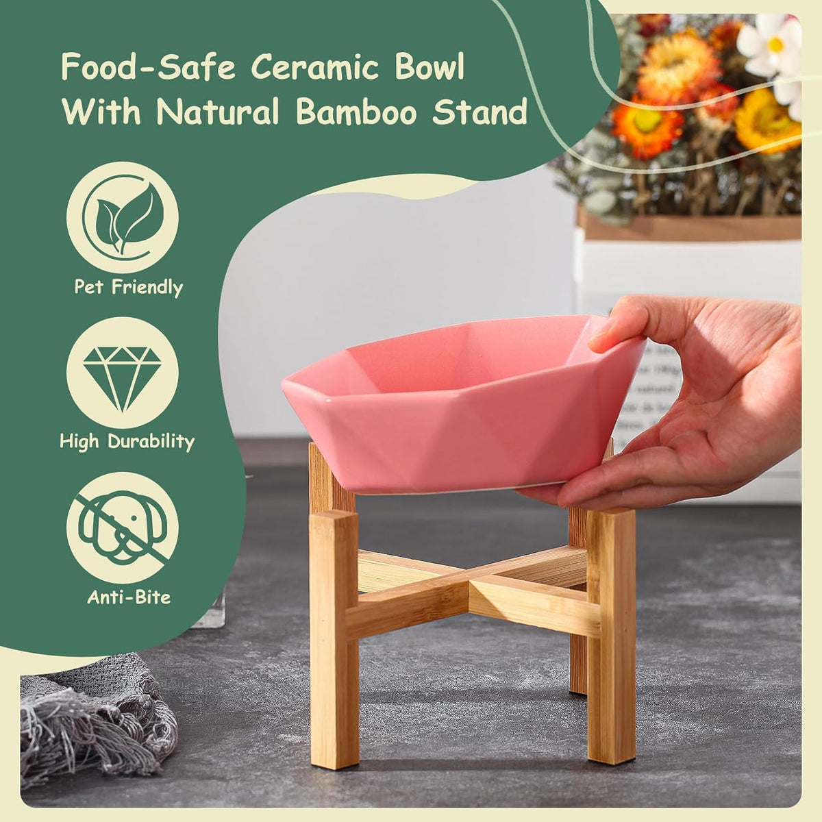 Ceramic Tilted Raised Cat Bowl - Green with stand - image 2