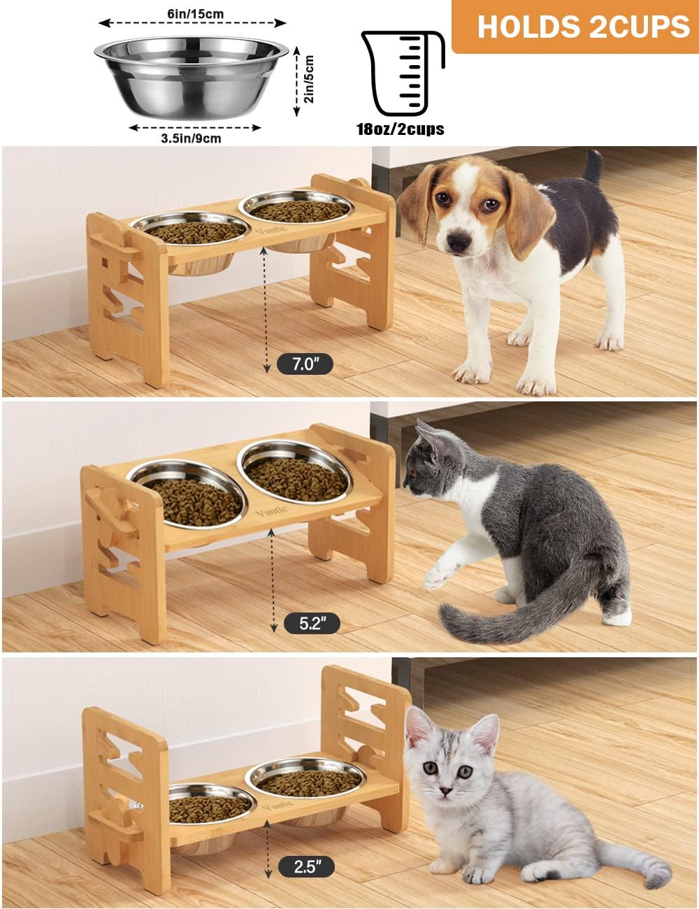 Elevated Dog Bowls, Raised Dog Bowl Stand Adjustable Small - Bamboo / Small / Without Mat - image 2