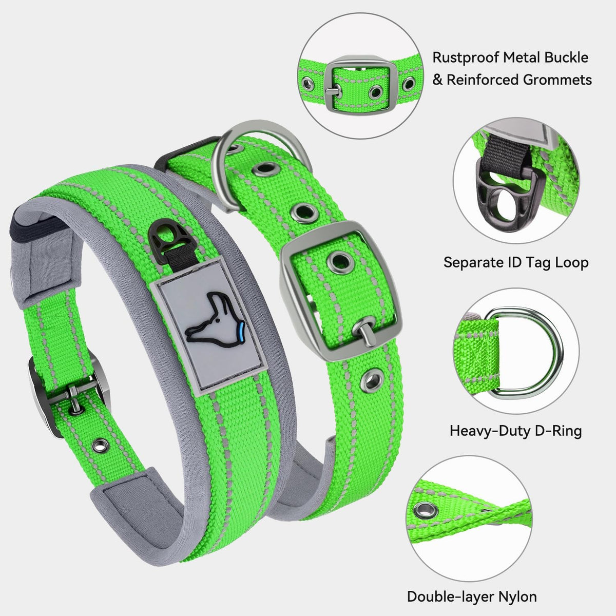Joytale Reflective Dog Collar for Large Dogs with Wide Padding - Green / S - image 3