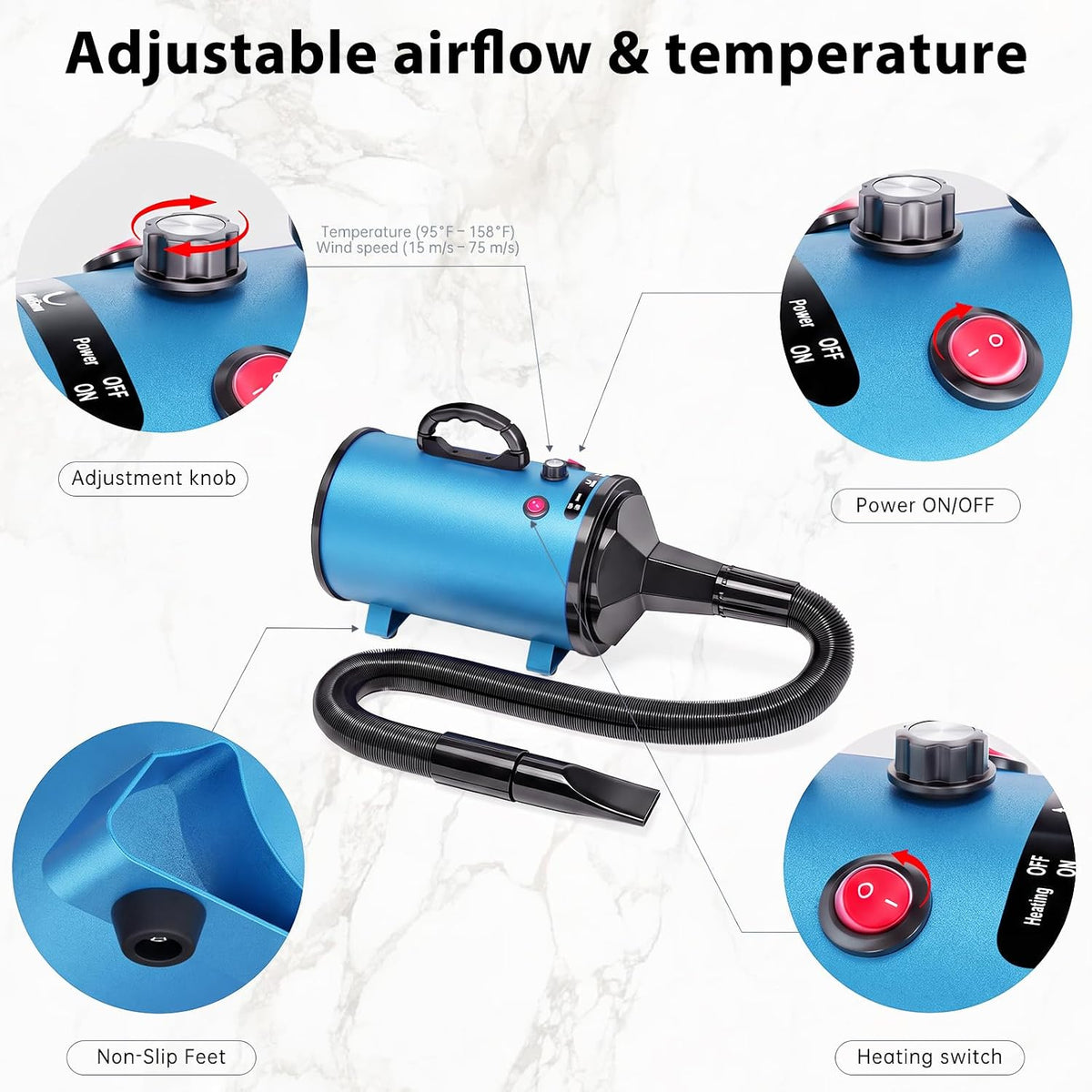 Dog Hair Dryer, Pet Hair Blower Dryer High Velocity - Blue - image 2