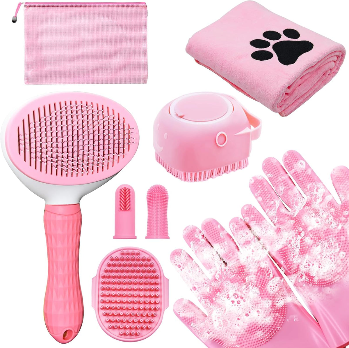 Dog Grooming Kit for Shedding, Bath Gloves - 8 PACK / Pink