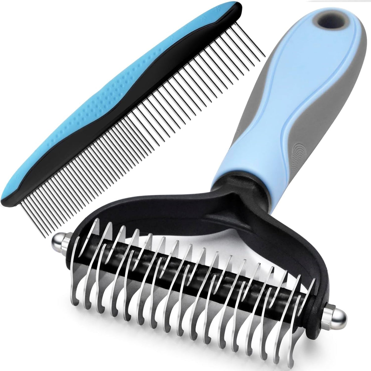 Deshedding Dog Brush, Undercoat Rake for Cats & Dogs - Blue(Rake + Comb)