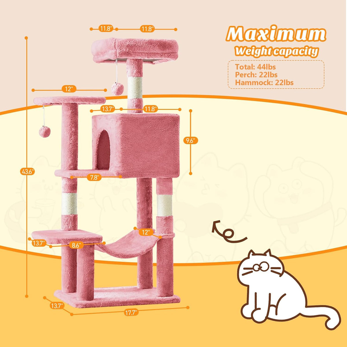 54 Inch Cat Tree Tower with Sisal Scratching Posts, Multi-Level – Essentials for Cats - Pink / 44IN - image 2