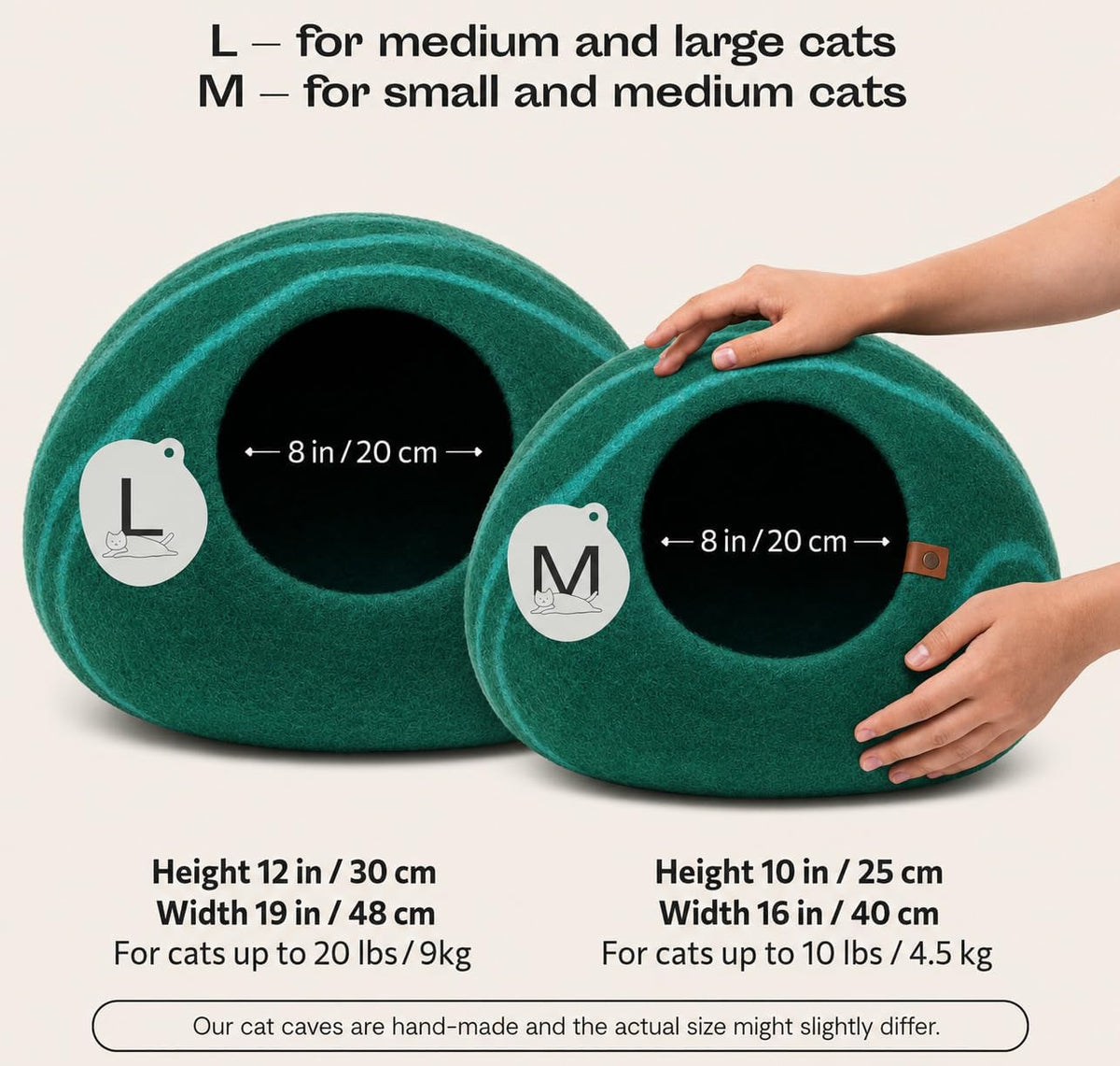 Cat Cave, New Zealand Wool Bed for Indoor Cats - Emerald / Medium - image 2