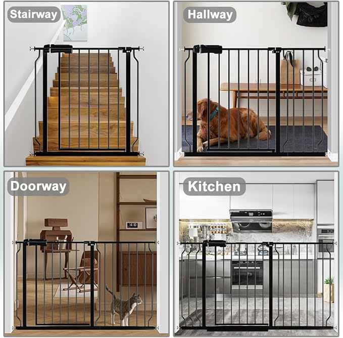 Fairy Baby Walk Through Baby Gate 38.5-43.5 Inch Wide, Pressure Mounted Safety Gate with Door No Drill, Black Tension Metal Gate for Dog and Toddler