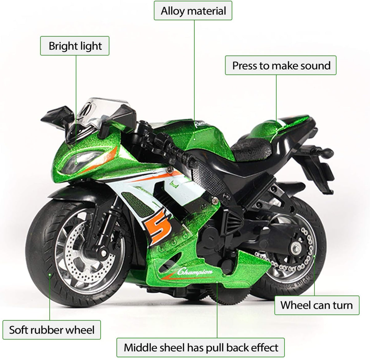 Toy Motorcycle, Pull Back Toy Car with Sound and Light Toy - Green - image 2