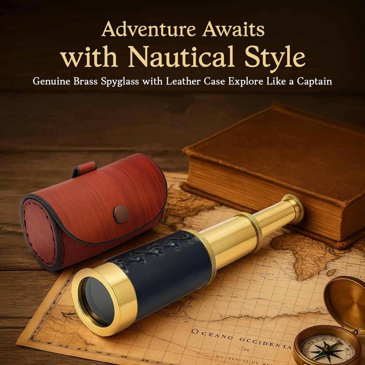 NauticalMart 6 inch brass spyglass telescope with leather case, pocket pirate telescope - view 2