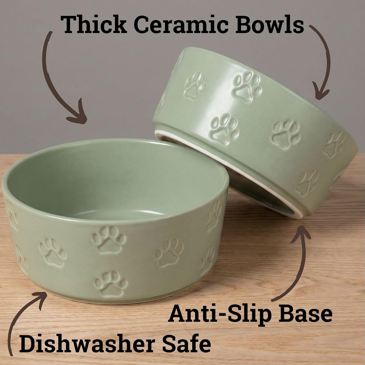 Ceramic Dog Bowl Set of 2 with Anti-Skid Base, 5.5"W x 2"H - Medium / Sage Green - image 2
