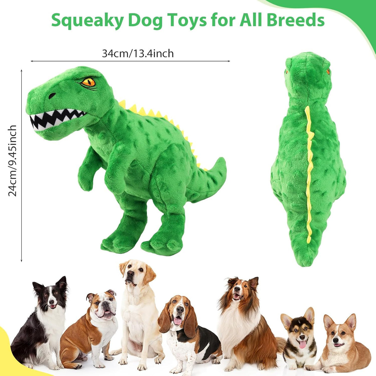 Squeaky Dog Toys for Large Dogs, Tough Tug of War Puppy Toy - Green / Dinosaur - image 2