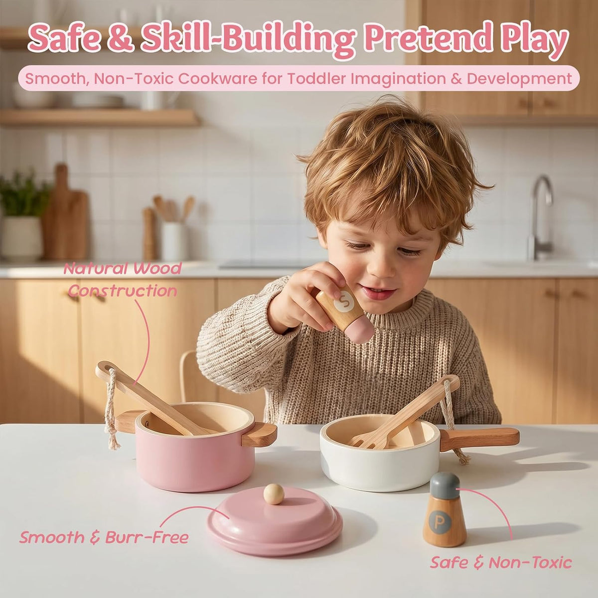 Premium Toddler Play Kitchen Toys, Wooden Kitchen Accessories – Fun for Kids & Family - Pink - image 4