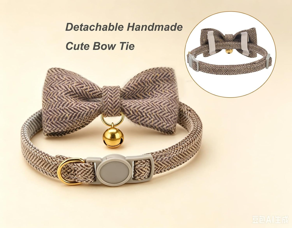 Breakaway Cat Collar with Bow Tie and Bell Adjustable Soft Corduroy - Small: Neck 7.5" - 11.0" / Tweed-Brown - image 3