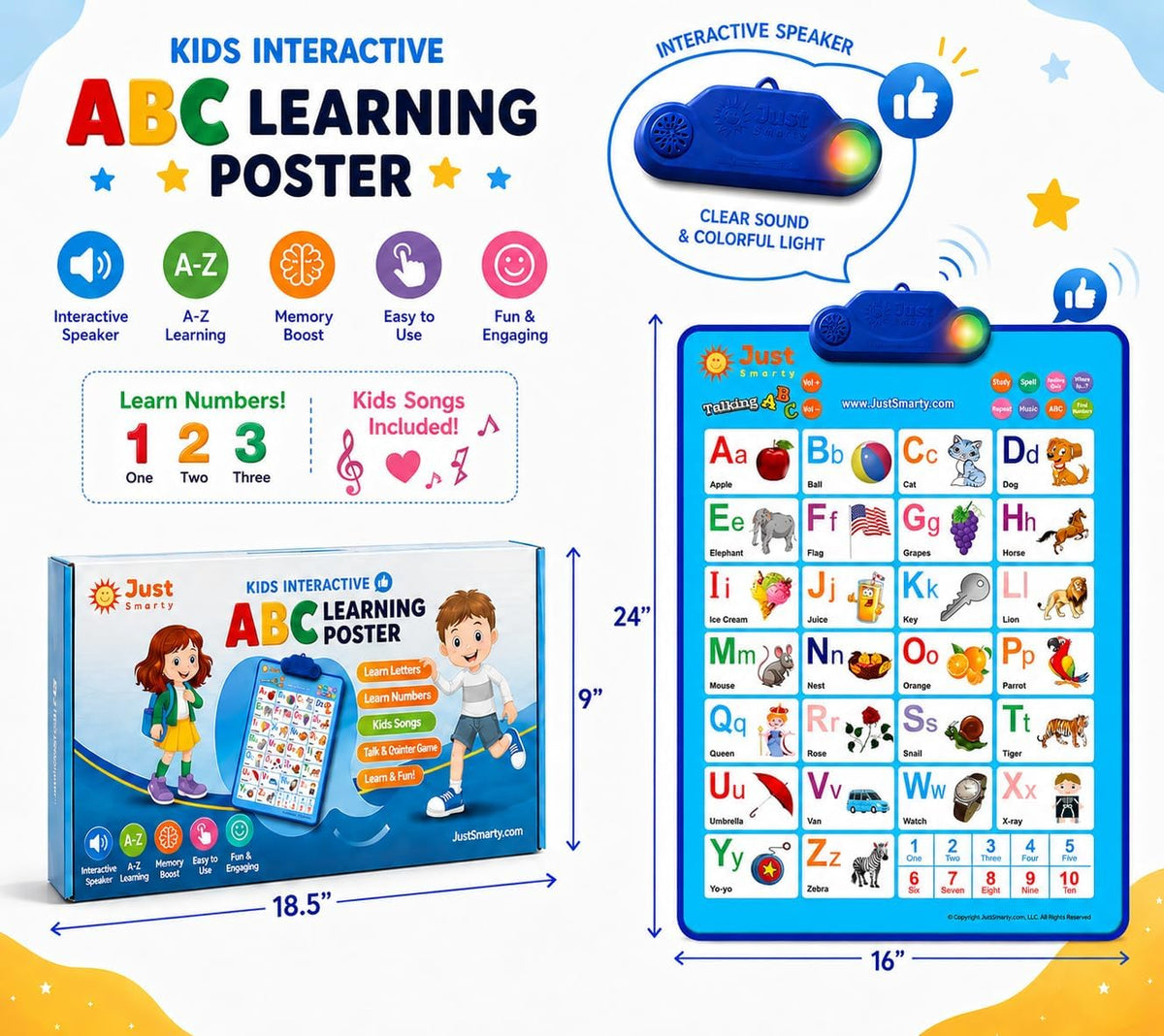 Just Smarty Interactive Alphabet Wall Chart, ABC & 123's, Blue – Fun for Kids & Family - ABCs and 123s - Blue with Light - image 2