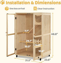 MCombo Wooden Cat Houses for Indoor Cats, Luxury Kitten House with Scratching Pad, Lockable Doors, Wheels, CT090