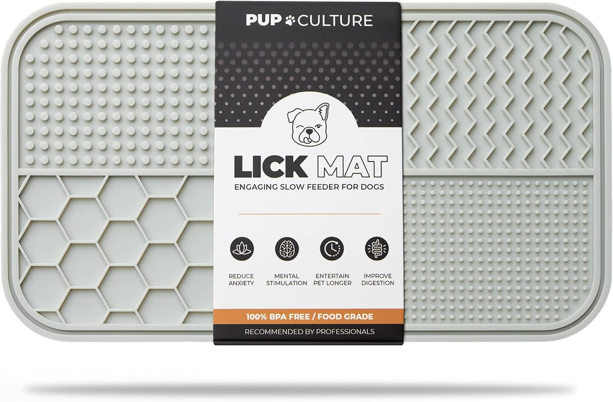 Dog Lick Mat for Dogs, Feeding Pad for Anxious Pets Plus 4 Different Puzzles for Mental Stimulation - 1 Pack / Grey