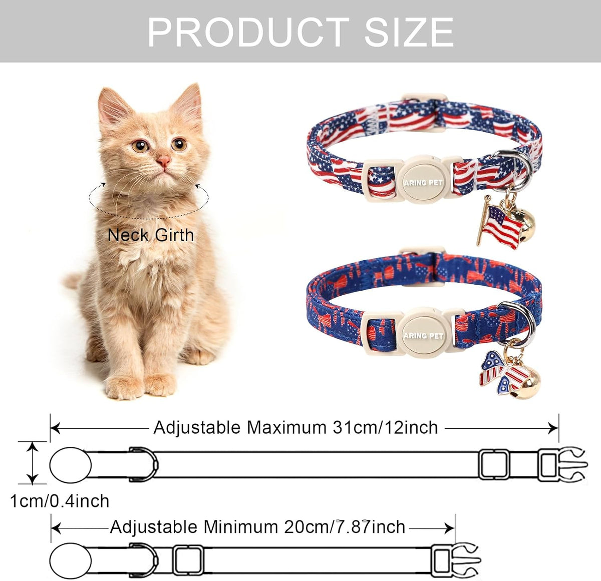 ARING PET 2 Pack Cat Collar-Cute Cotton Cat Collar Breakaway - Independence-American flag - image 4