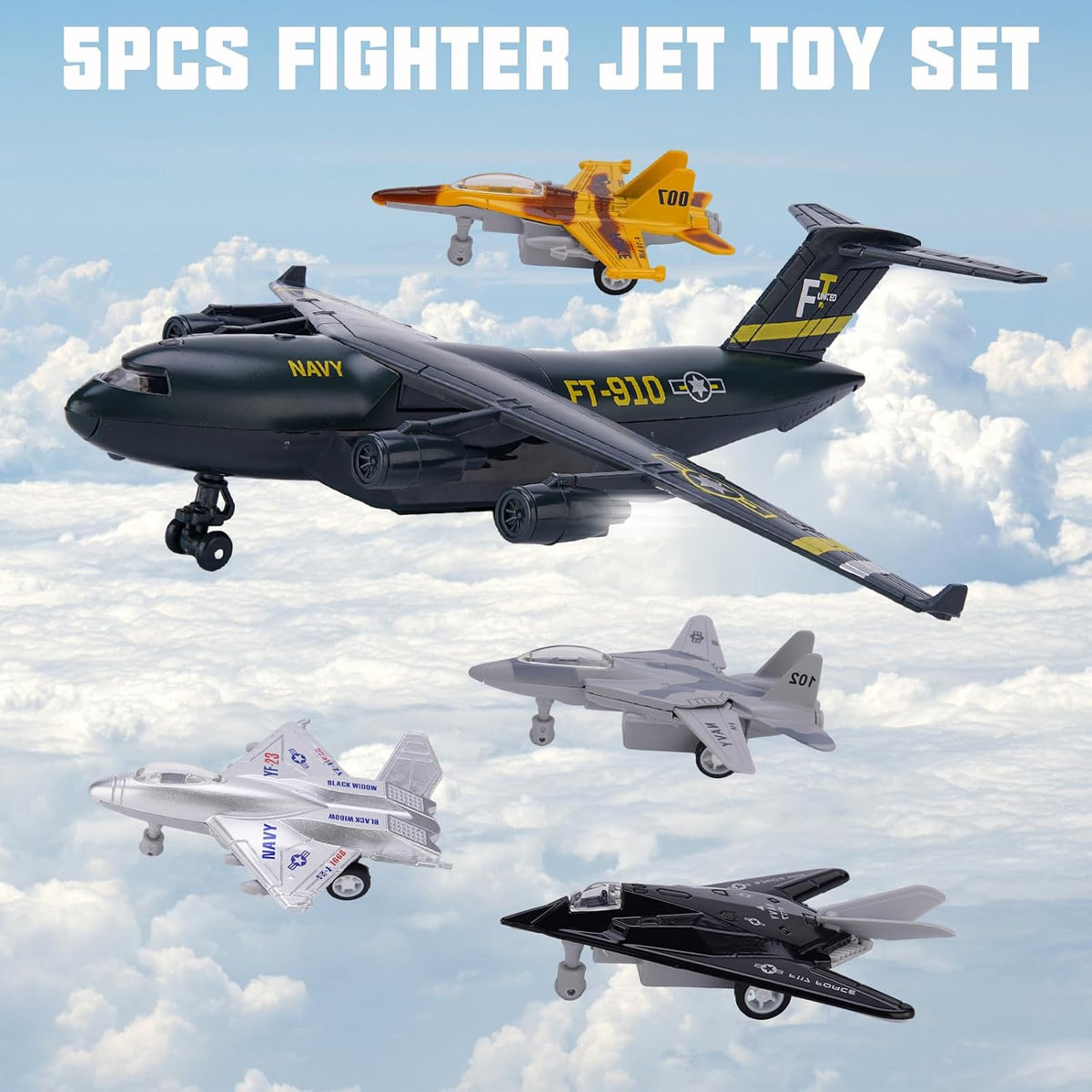Crelloci 5 pack military airplane toys with transport plane and die cast fighter jets - view 2