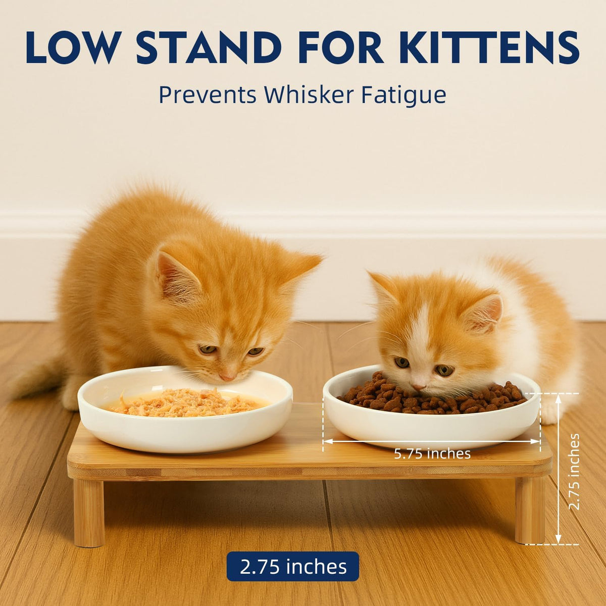 Raised Cat Bowl, Elevated Cat Bowls with Bamboo Stand, Set of 2 – Essentials for Cats - Rectangle Stand with Ceramic Bowls - image 3