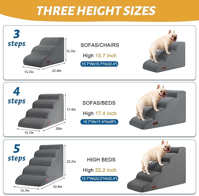 4-Step Dog Stairs and Ramp for Beds or Couches – Non-Slip Sturdy Pet Steps for Small Dogs and Cats,17.4" H,Grey