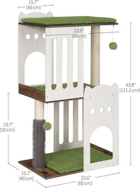 FourFurPets 43.7in 3-Tier Modern Cat Tree Tower Condo, Cat Scratch Posts for Indoor Cats, Big Plate, Two 19.7in Full Sisal Scratching Posts, White