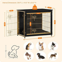 DWANTON Dog Crate Furniture with Cushion, Wooden Kennel Table with Double Doors, Indoor Dog House, Medium Size, 32.5" L, Black+Gold