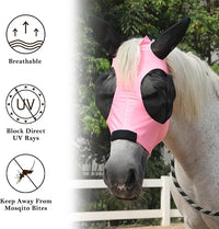 Horse Fly Mask with Ears - Large Eye Space for Full Vision, Breathable Stretch Comfort Fit, UV Protection, Forelock Opening, Easy Pull-On Pink Full