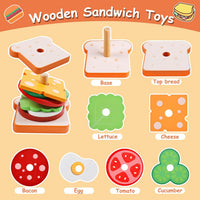Pajojoqa wooden sandwich stacking toy with egg, cheese, bacon, lettuce, tomato and bun pieces - view 10