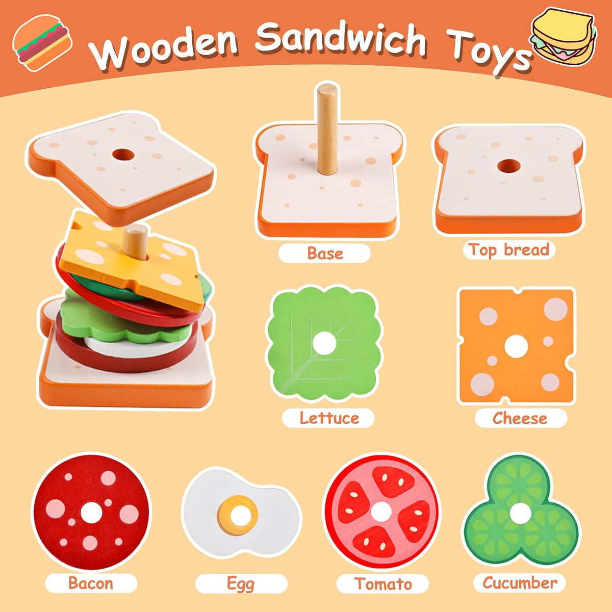 Pajojoqa wooden sandwich stacking toy with egg, cheese, bacon, lettuce, tomato and bun pieces - view 10
