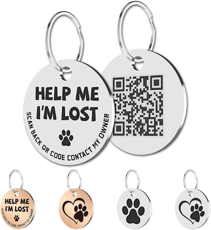 Stainless Steel QR Code Pet ID, Dog & Cat Tag, Online Profile - Help Me Im Lost,silver