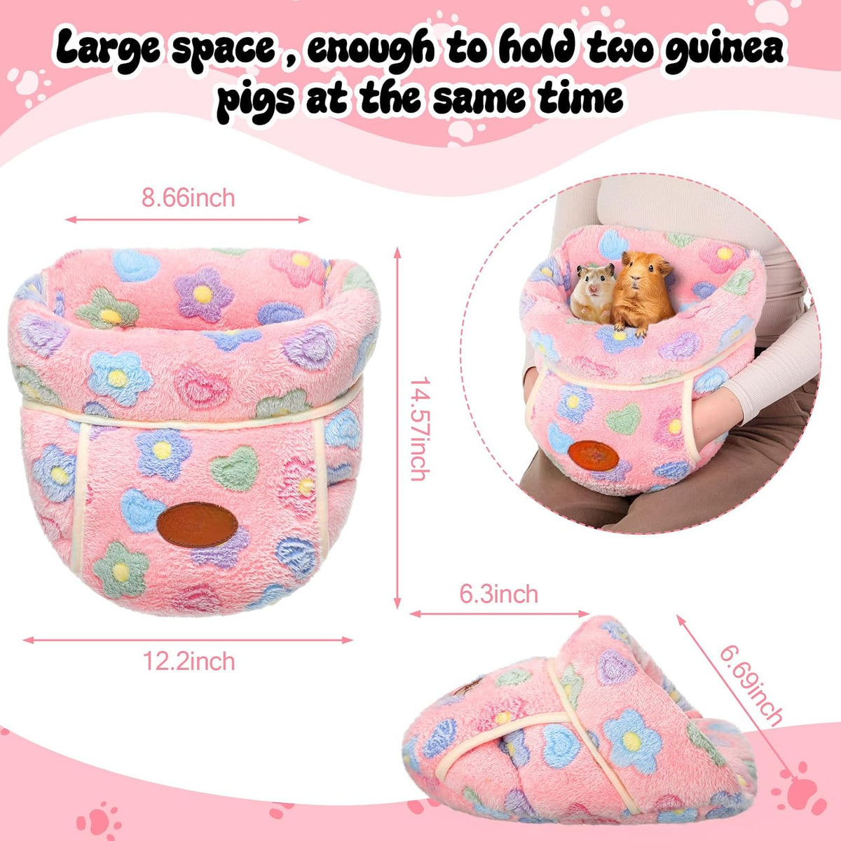 2 Pcs Guinea Pig Fleece Hideouts, Blue, Khaki, Star – Daily Care for Small Pets - Green, Pink / Flowers - image 2