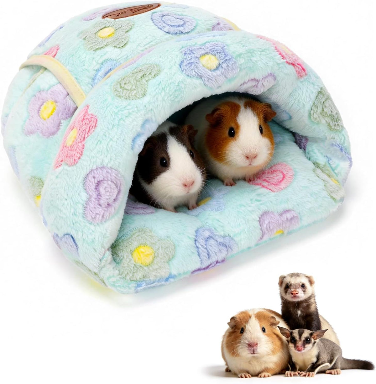 YUEPET Guinea Pig Bed Cuddle Cave, Warm Fleece Hideout - Green Flower / 1PCS