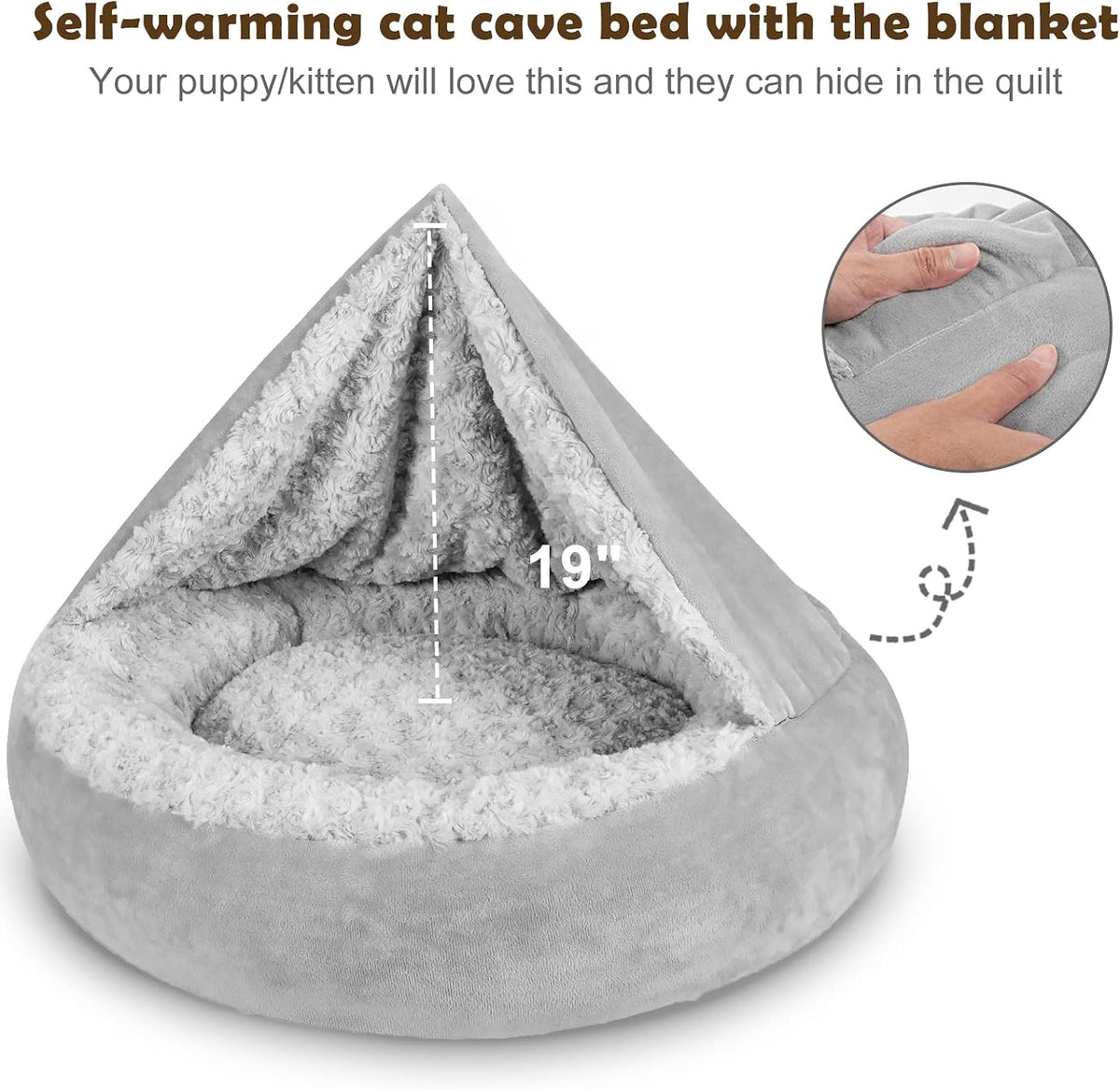 JOEJOY Small Dog Bed Cat Bed with Hooded Blanket - M(26" x 26" x 8") / Grey - image 4