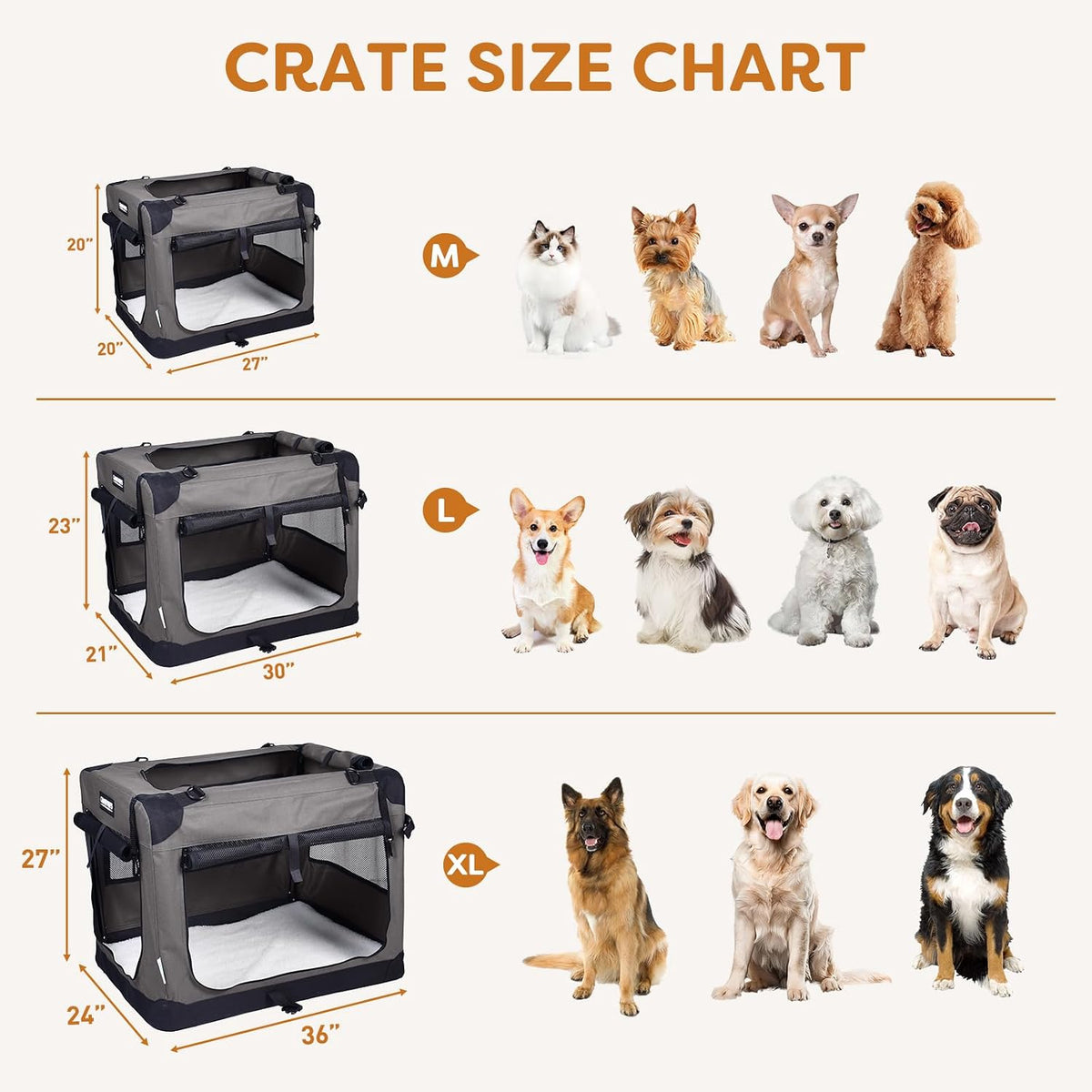 JESPET 3 Door Soft Dog Crates Kennel - Dark Grey / X-Large(36"L x 24"W x 27"H) - image 3