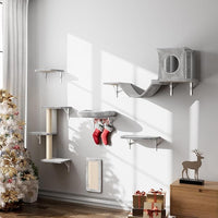 NUNU LAB Wall Mounted Cat Climber Set, 6 Pcs Cat Furniture Set with House, Bridge, Steps, Scratcher Board and Hammock, Shelves for Indoor, Luxury Walls Furniture(Gray)