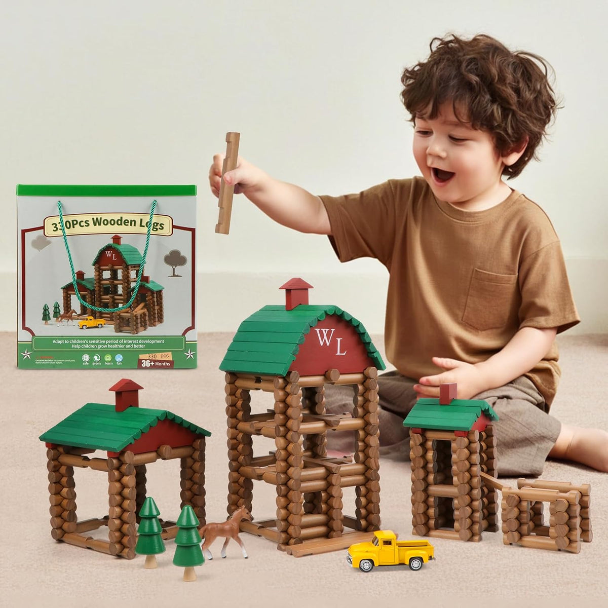 Wondertoys 208 Pcs Wooden Log Set, Classic Building Logs Ages 3+ - 330PCS Villas - image 4