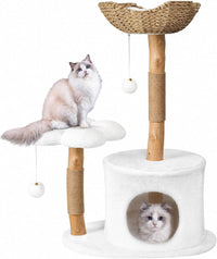 Easyego Modern Cat Tree, 26.3" Aesthetic Wood Cat Tree Tower for Small Cats – Essentials for Cats - White / 36.6''