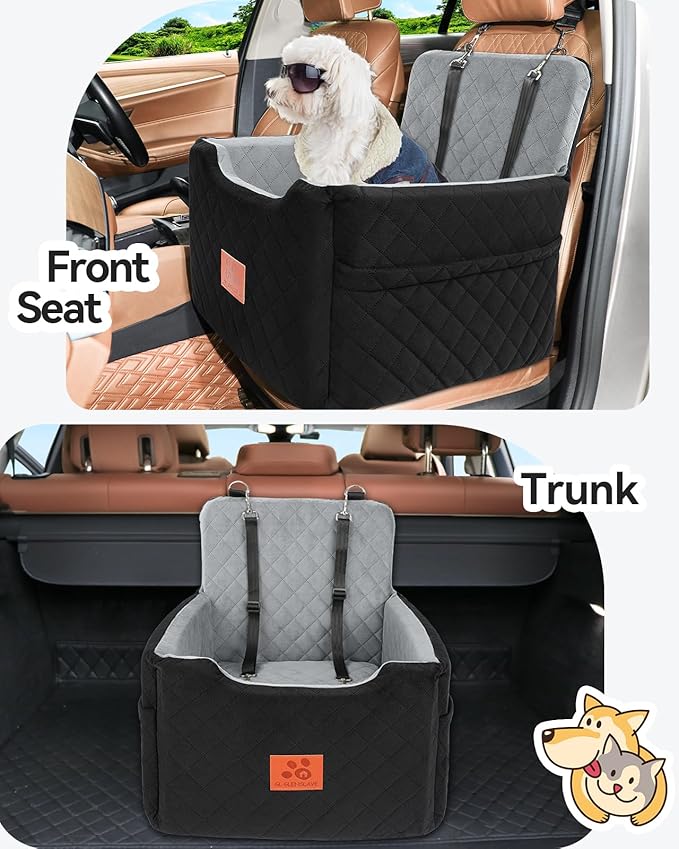Dog Car Seat for Small/Medium Dogs Under 35lbs,Memory Foam Dog Booster Seats,Detachable and Washable Traval Pet Car Seat, Dogs Bed with 2 Safety Belts(Balck/Grey)