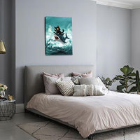 Funny Black Cat Bathroom Wall Art Cute Cat Riding Shark Canvas Wall Decor Animal Kitten Pictures Painting Print Artwork Framed Decorations Gifts for Cat Lover Kids Room Bedroom 16"x24"