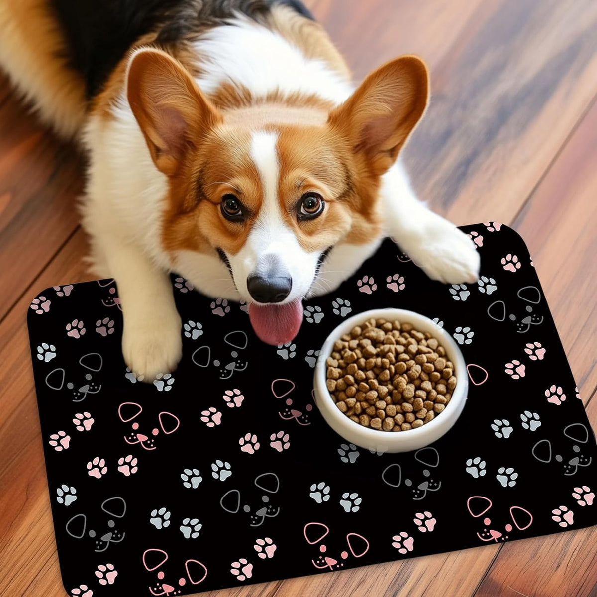 Patterned Cat & Dog Bowl Mat for Food and Water - Large (17" x 30") / Black-dog - image 2