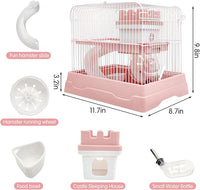 PINVNBY 2-Tier Dwarf Hamster Cage, Travel Portable Mouse Cage Gerbil Cages and Habitats Small Animal Carrier with Castle House Running Exercise Wheels, Water Bottle and Food Dis