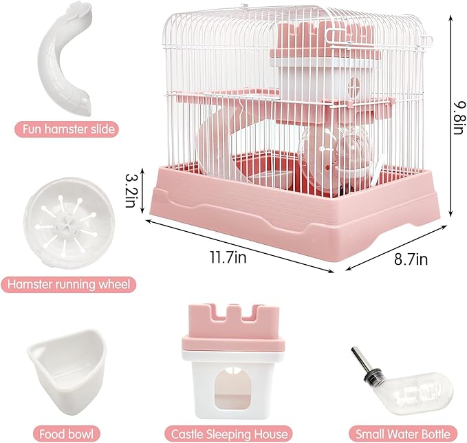 PINVNBY 2-Tier Dwarf Hamster Cage, Travel Portable Mouse Cage Gerbil Cages and Habitats Small Animal Carrier with Castle House Running Exercise Wheels, Water Bottle and Food Dis