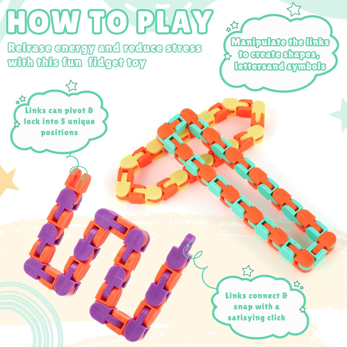 Sotiff wacky tracks fidget toys, 60 pack of clicking snap link chains in assorted colors - view 5