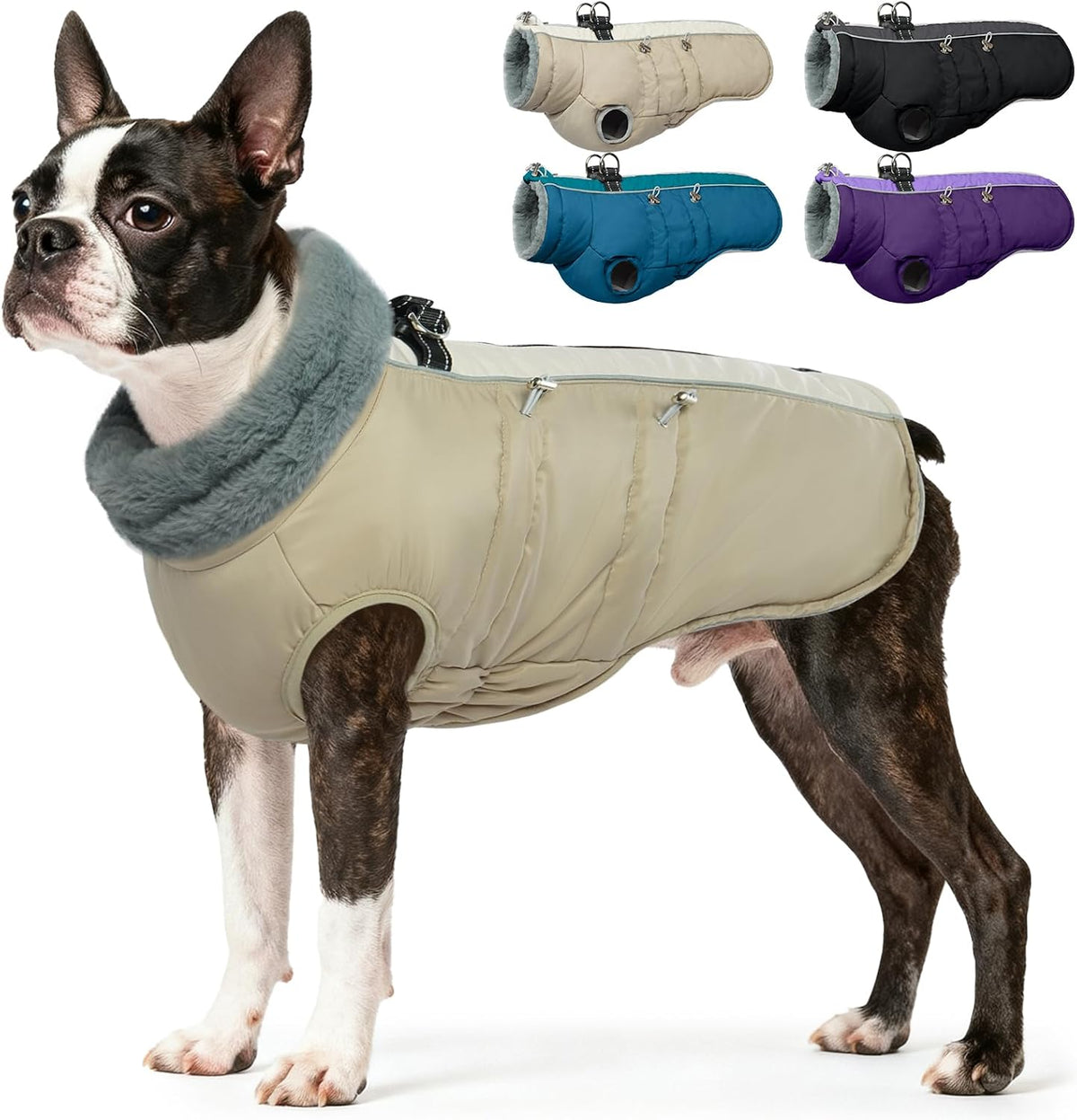 Waterproof fleece-lined dog winter coat with built-in harness and reflective strips